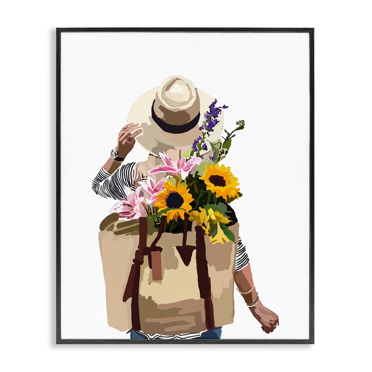 Stupell Industries Woman Carrying Floral Backpack Framed Giclee Art
